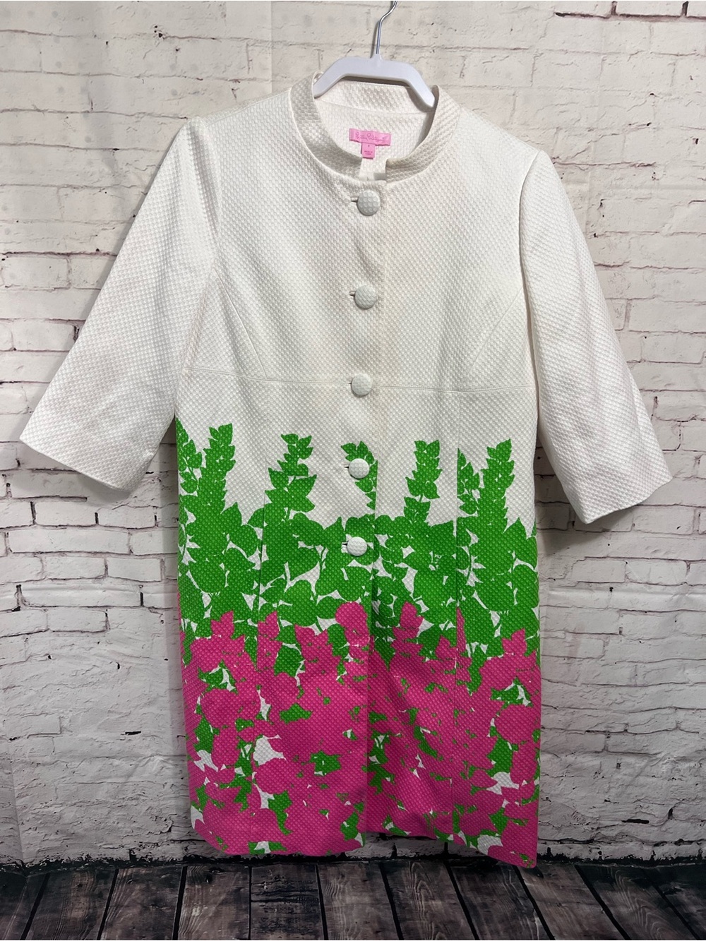 Lilly Pulitzer 3/4 Sleeve Midi Floral Retro Style Button Coat Size 8 Pink Green